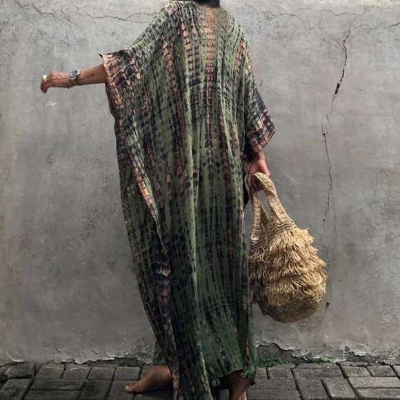 SOLD OUT Olive Gray Boho Tie Dye Kaftan Kimono Dress - Picture 3 of 5